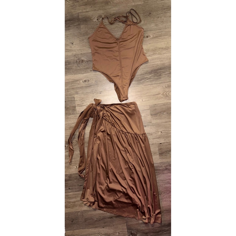Brown Halter Bodysuit and Ruffle Wrap Maxi Skirt Two Piece Set NWT